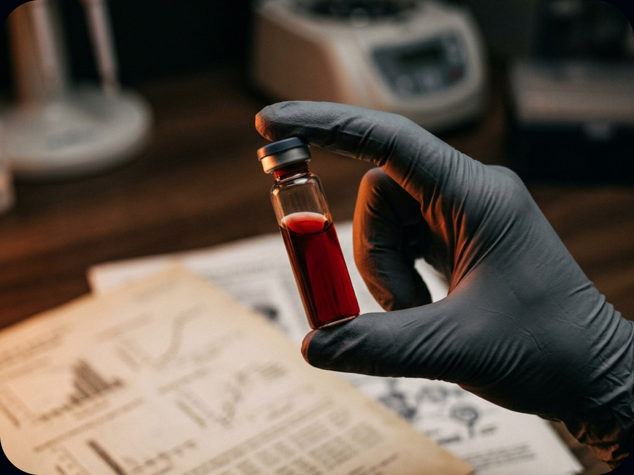 Gloved hand holding a blood sample vial
