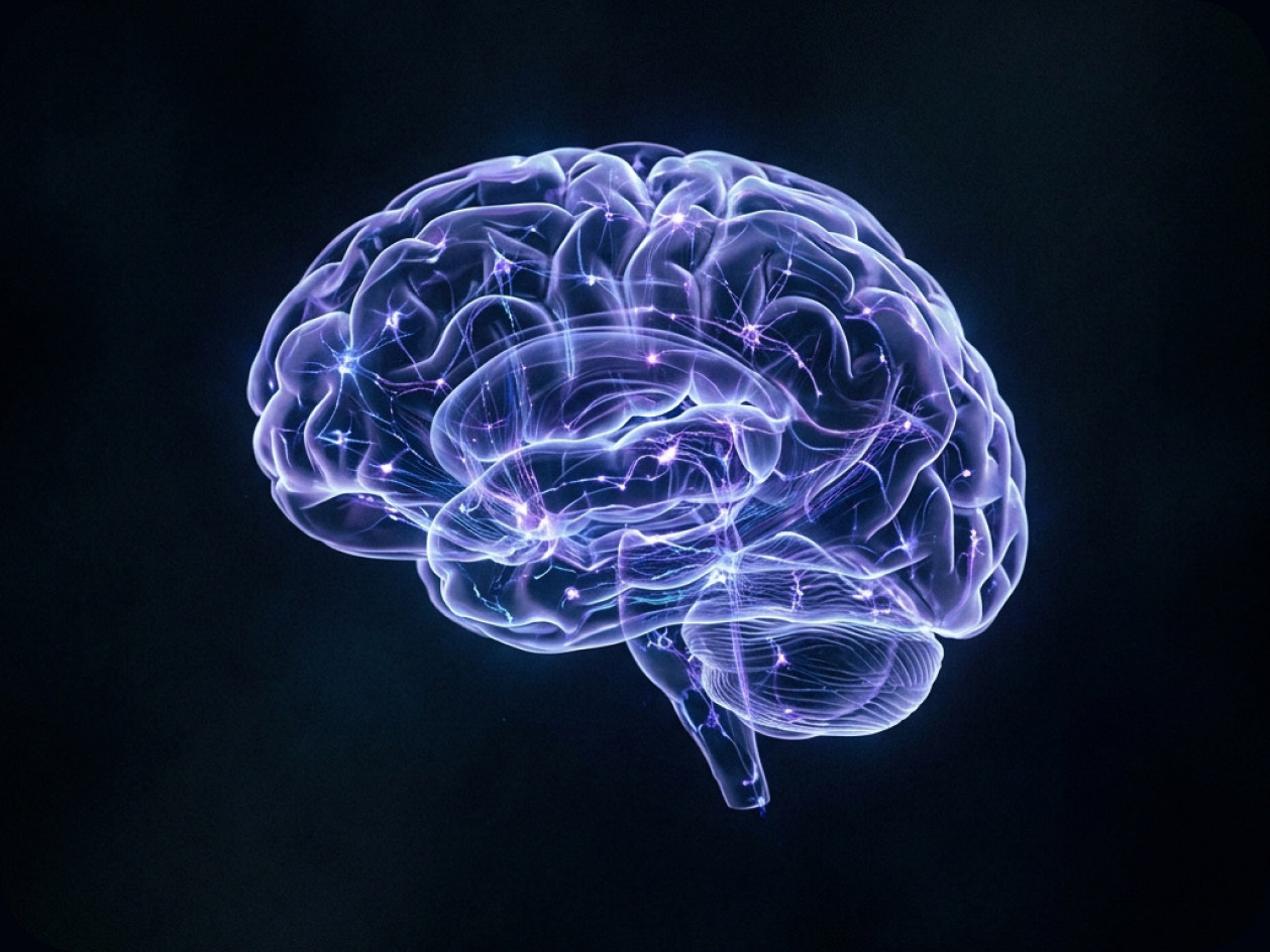 Glowing 3D visualization of a human brain